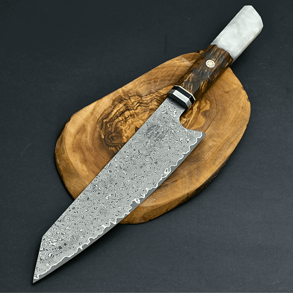 Aurora VG10 Damascus Steel Knife with Exotic Olive Wood Burl & Mother of Pearl Handle