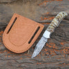 Damascus Pocket Knife with Exotic Ram Horn Handle & Leather Sheath