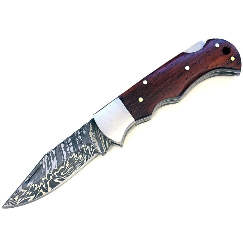 Excalibur Damascus Pocket Knife with Exotic Red Heart Wood Handle
