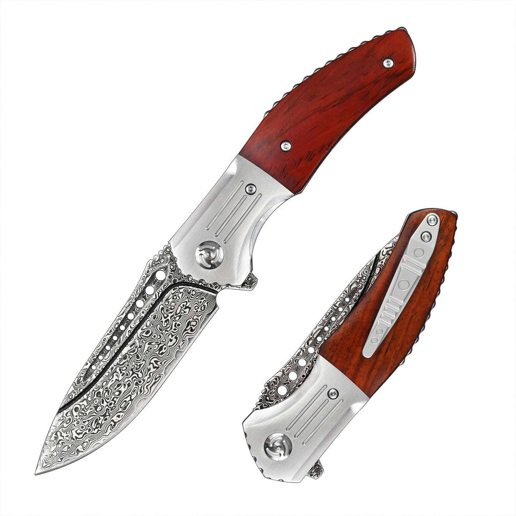 Ironbark Damascus Pocket Knife Set With Exotic Red Sandalwood Handle, Clip & Sheath