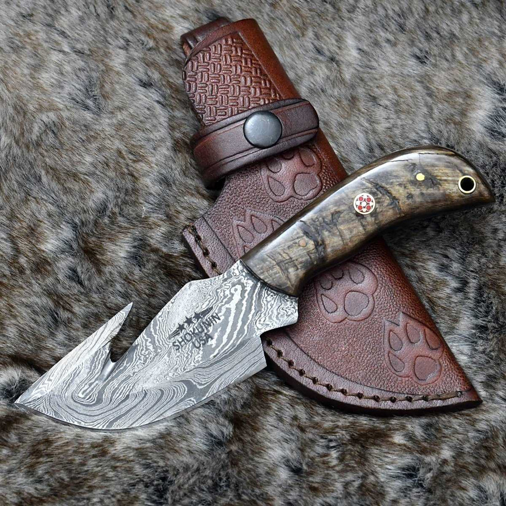 Cyclone Damascus Gut Hook Knife with Ram Horn handle